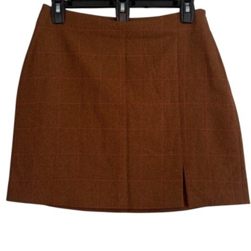 Leith Brown Plaid Mini Skirt Windowpane A-Line Side Slit Brown Pink Size‎ S